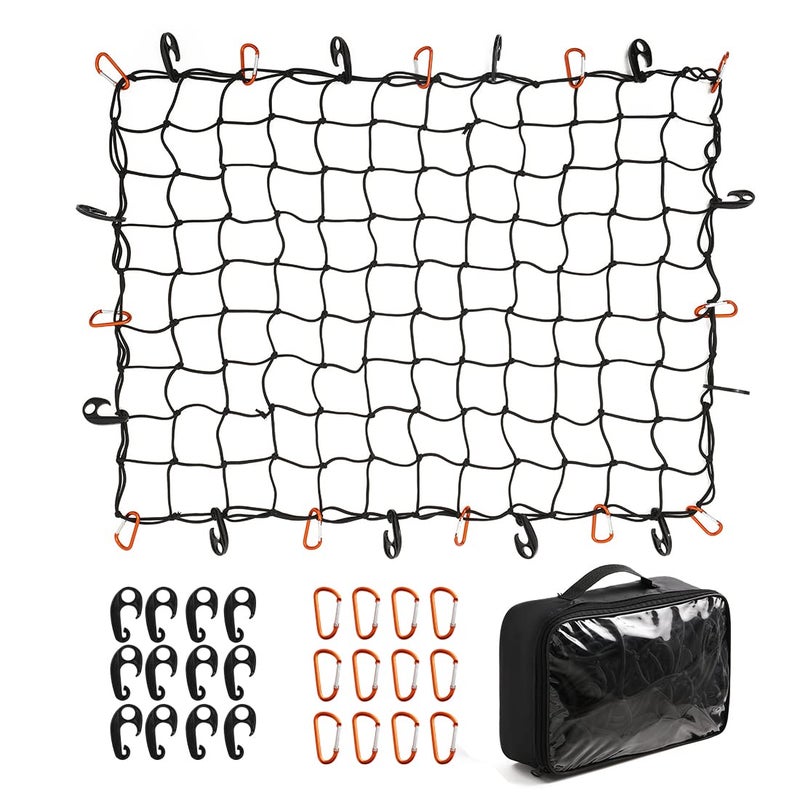 CZC AUTO Bungee Cargo Net 3x4Ft Truck Bed Net Stretches to 6x8Ft for Pickup Trailer RV SUV Boat |3x3Inch Mesh Net Holds Small and Large|12 Tangle Free Carabiners & 12 Plastic Hooks|Super Duty - Image 1
